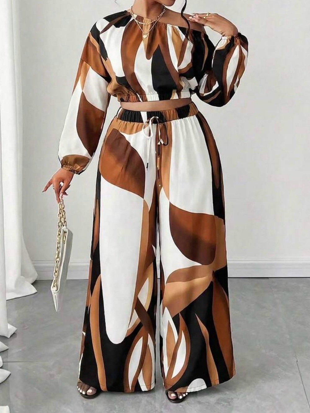 Women's Brown Multi-Print Wide Leg Jumpsuit - Picture 4 of 4